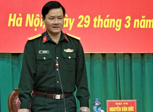 Cục phó Tuyên huấn Bộ Quốc phòng Nguyễn Văn Đức thông tin về vụ Út trọc tại cuộc họp báo quý 1 năm 2018. Ảnh: HT