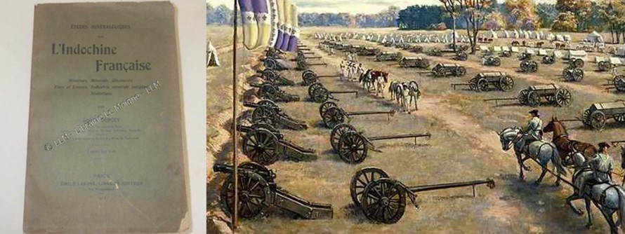 Nghiên cứu khoáng vật học về Đông Dương thuộc Pháp. Gaston Dupouy năm 1913 (ảnh sách bên trái) khẳng định năm1903 có 22 nhà máy sản xuất diêm tiêu của Pháp quanh Hà Nội. Ảnh bên phải, trung đoàn Pháo binh cơ động Auxonne ,sức mạnh của Napoleon.