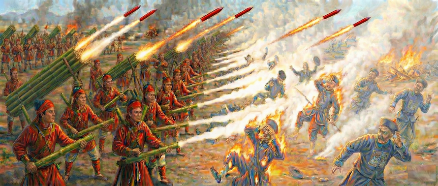 Quân Đại Việt giáp chiến quân Thanh bên bờ sông Hồng, hàng đầu là ống phóng hỏa hổ bằng tre phun lửa Phốt pho xa 10m lập tức biến giặc thành bó đuốc sống, hàng sau là pháo thăng thiên Phốt pho phóng loạt biến toàn bộ đại quân của giặc thành biển lửa.