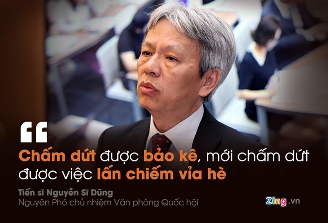 Tiến sĩ Nguyễn Sĩ Dũng đánh giá Chủ tịch Hà Nội Nguyễn Đức Chung rất thẳng thắn khi chỉ ra thực trạng lấn chiếm vỉa hè tại thủ đô. Đồ họa: Phượng Nguyễn. 