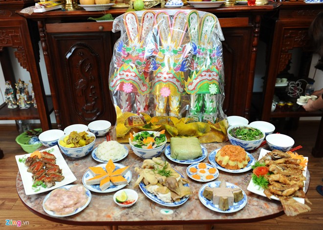 Mâm cỗ cúng ông Công ông Táo của một gia đình tại Hà Nội. Ảnh Lê Hiếu/Zing.vn