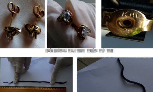 Đôi bông tai và dây buộc tóc được phát hiện cạnh bộ xương. Ảnh: PL TPHCM