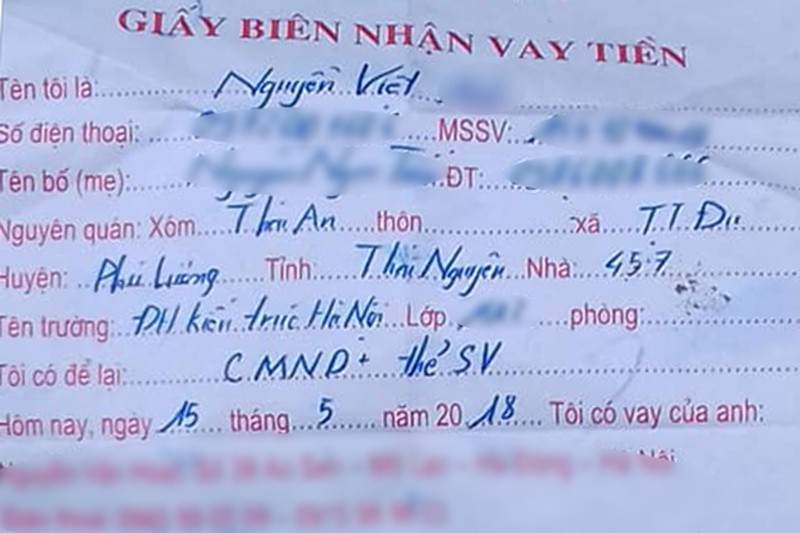 Giấy biên nhận vay tiền mà nạn nhân để lại. Ảnh: VietNamNet