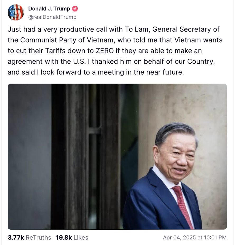 Tổng thống Trump tuyên bố "có một cuộc điện đàm rất hiệu quả" với Tổng Bí thư Tô Lâm