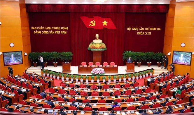 Quang cảnh phiên bế mạc Hội nghị lần thứ mười hai Ban Chấp hành Trung ương Đảng khóa XIII, chiều 19/7. Ảnh: Phạm Kiên/TTXVN.