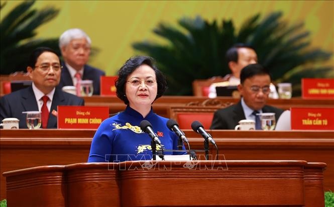 Đồng chí Phạm Thị Thanh Trà, Ủy viên Trung ương Đảng, Ủy viên Ban Thường vụ Đảng ủy Chính phủ, Phó Thủ tướng Chính phủ, tham luận về vấn đề: Xây dựng Chính phủ “Kiến tạo phát triển, liêm chính, hành động quyết liệt, phục vụ Nhân dân”. Ảnh: TTXVN