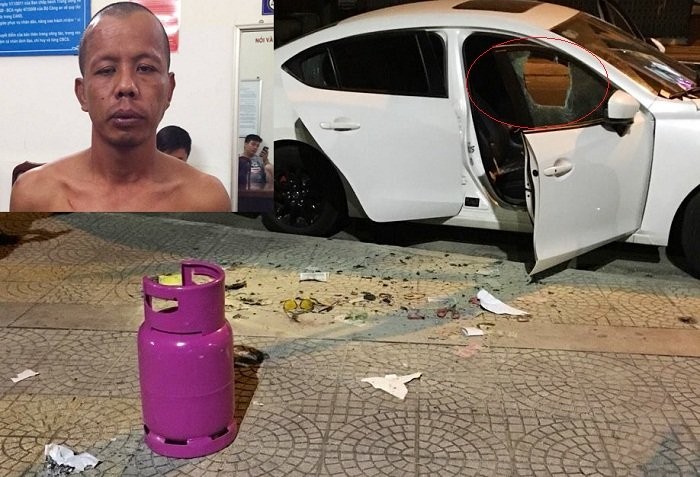 Đối tượng Nhiệm (ảnh nhỏ) cùng một trong những chiếc ô tô bị y đập phá. (Ảnh: Vietnamnet)