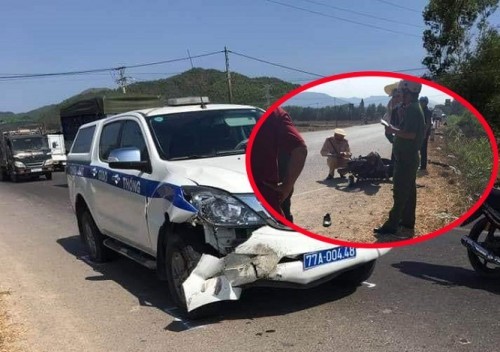 Ô tô của CSGT Công an Bình Định bị móp đầu sau vụ va chạm. (Ảnh: VTC News)