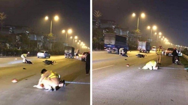 Hiện trường thượng uý CSGT bị xe máy tông trúng.