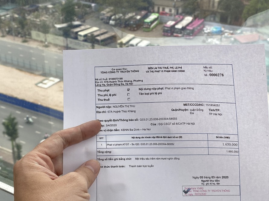 Mẫu biên lai sau khi nộp phạt trực tuyến qua Cổng thanh toán VNPT Pay