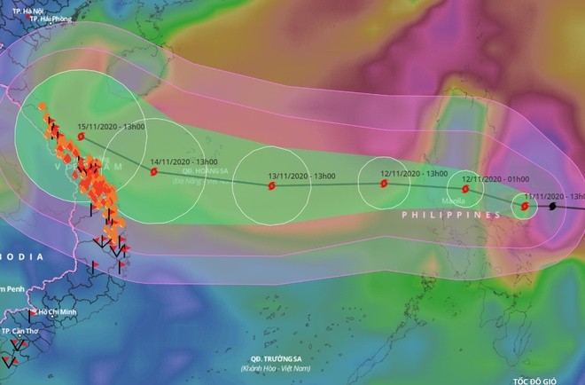 Dự báo đường đi của bão Vamco.