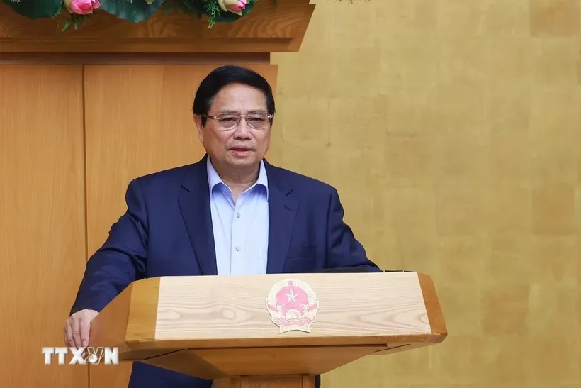 Thủ tướng Phạm Minh Chính chủ trì Phiên họp Chính phủ chuyên đề về xây dựng pháp luật tháng 4/2025. Ảnh: Dương Giang/TTXVN.