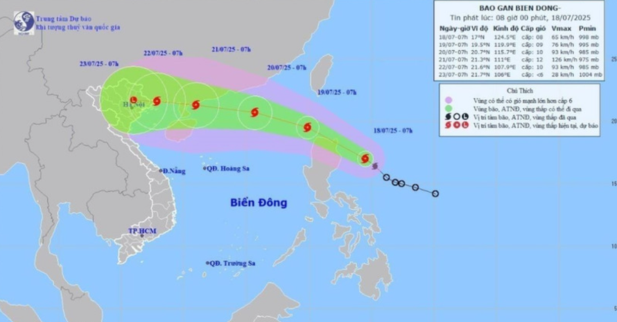 Đến 20 giờ ngày 19/7, bão di chuyển theo hướng Tây Tây Bắc trên vùng biển phía Đông Bắc khu vực Bắc Biển Đông cách bán đảo Lôi Châu (Trung Quốc) khoảng 850 km về phía Đông.