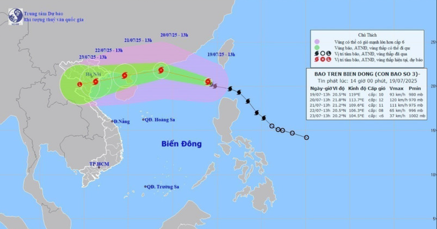 Hướng di chuyển của bão số 3 lúc 13 giờ, ngày 19/7