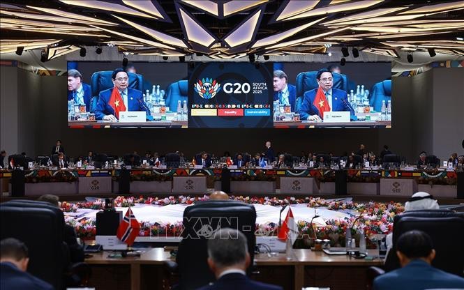 Thủ tướng Phạm Minh Chính phát biểu tại Phiên thảo luận III Hội nghị Thượng đỉnh G20. Ảnh: Dương Giang/TTXVN.