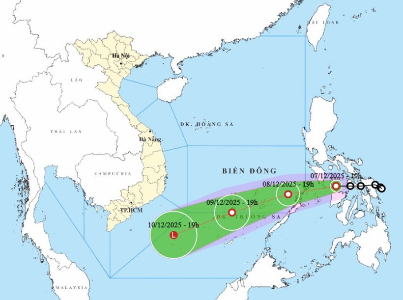 Dự báo hướng di chuyển của áp thấp nhiệt đới. (Nguồn: Trung tâm Dự báo Khí tượng Thủy văn Quốc gia)