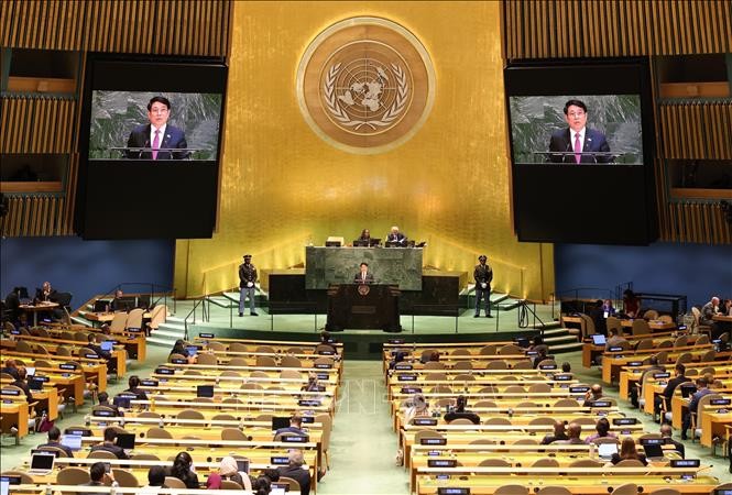 Chủ tịch nước Lương Cường phát biểu tại Phiên Thảo luận chung cấp cao Đại hội đồng Liên hợp quốc Khoá 80. Ảnh: Lâm Khánh/TTXVN.