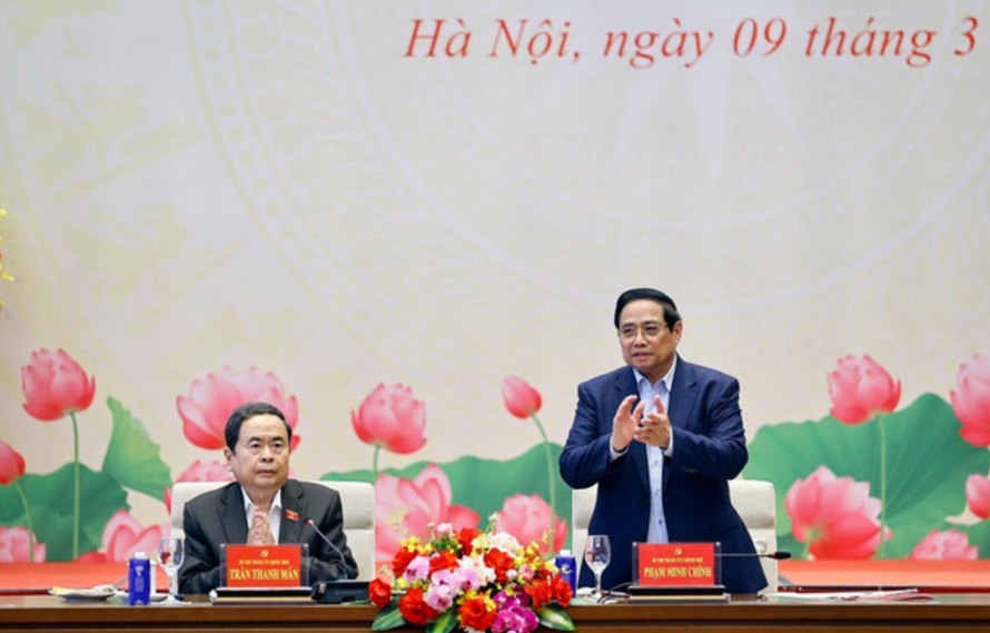 Chủ tịch Quốc hội Trần Thanh Mẫn và Thủ tướng Chính phủ Phạm Minh Chính đồng chủ trì Hội nghị. Ảnh: Doãn Tấn/TTXVN