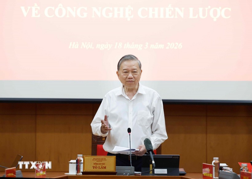 Tổng Bí thư Tô Lâm, Trưởng Ban Chỉ đạo Trung ương về phát triển khoa học, công nghệ, đổi mới sáng tạo và chuyển đổi số phát biểu. 