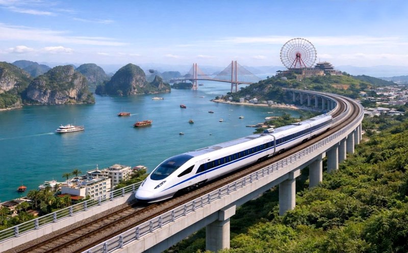 Tuyến đường sắt cao tốc sẽ là đòn bẩy siêu kết nối, kích hoạt tiềm năng khai thác du lịch, bất động sản nghỉ dưỡng và dịch vụ thương mại ở Vân Đồn. Ảnh: PTTH Quảng Ninh
