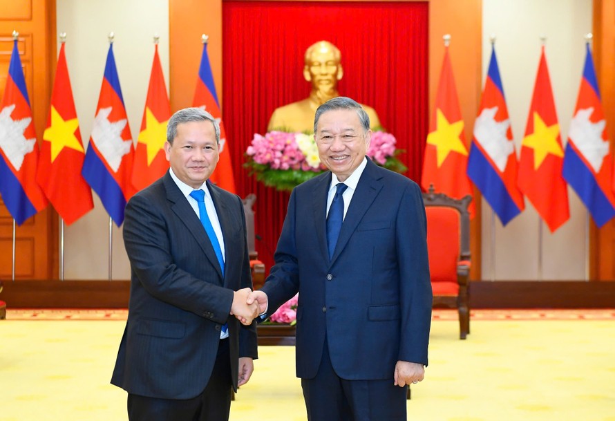 Tổng Bí thư, Chủ tịch nước Tô Lâm tiếp Thủ tướng Vương quốc Campuchia Hun Manet. Ảnh: VGP/Nhật Bắc