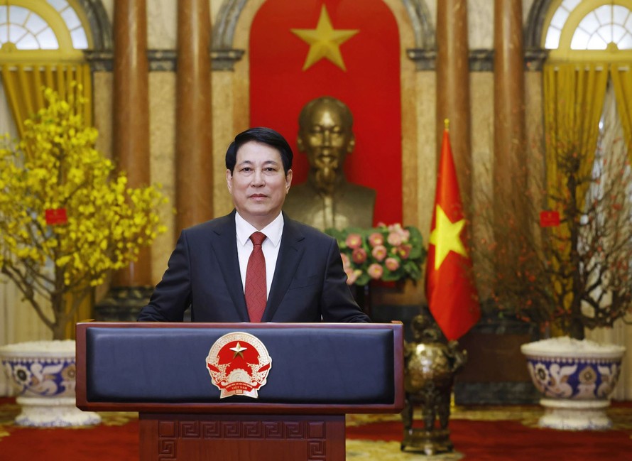 Chủ tịch nước Lương Cường chúc Tết cổ truyền Ất Tỵ 2025. Ảnh: Lâm Khánh - TTXVN