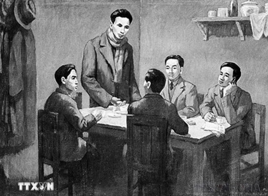 Từ ngày 6/1-7/2/1930, Hội nghị hợp nhất các tổ chức Cộng sản thành lập Đảng Cộng sản Việt Nam họp ở bán đảo Cửu Long, thuộc Hong Kong (Trung Quốc) dưới sự chủ trì của đồng chí Nguyễn Ái Quốc thay mặt cho Quốc tế Cộng sản. Ảnh: Tranh tư liệu/TTXVN phát