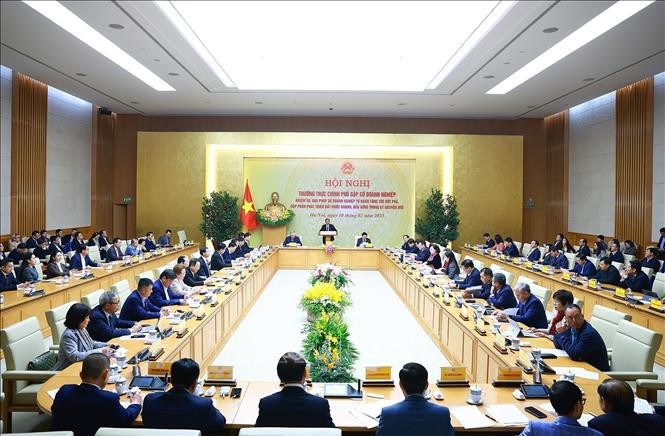Hội nghị Thường trực Chính phủ gặp gỡ doanh nghiệp ngày 10/2/2025. Ảnh: Dương Giang/TTXVN