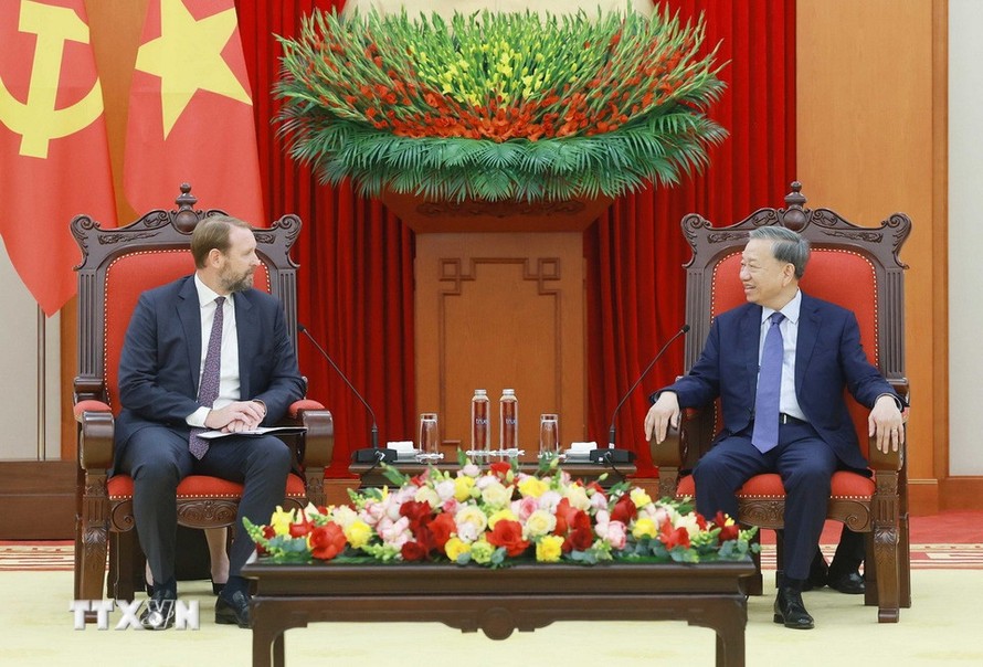 Tổng Bí thư Tô Lâm tiếp ông Nate Franklin, nhà sáng lập và Chủ tịch Tập đoàn Pacifico Energy (PE), Hoa Kỳ. Ảnh: Thống Nhất/TTXVN