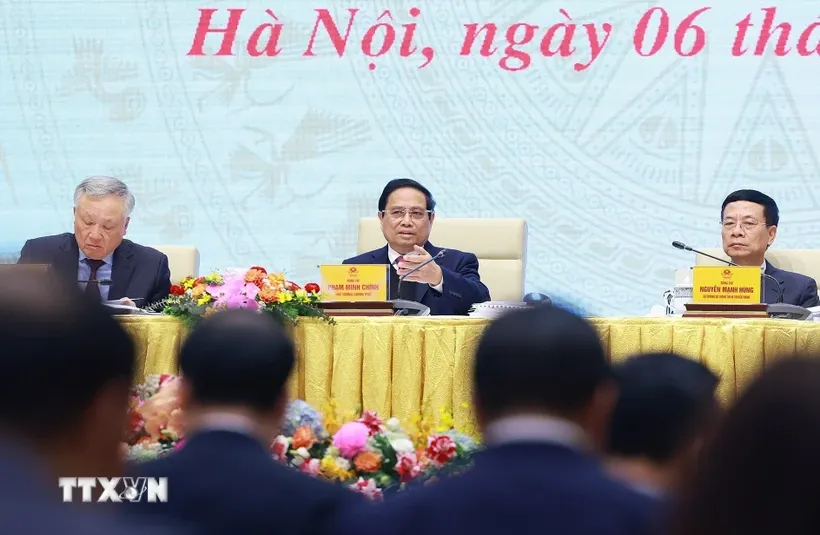 Thủ tướng Phạm Minh Chính chủ trì Phiên họp tổng kết hoạt động của Ủy ban Quốc gia về chuyển đổi số và Đề án 06. Ảnh: Dương Giang/TTXVN