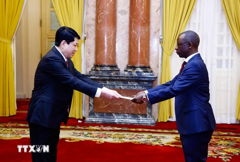 Chủ tịch nước Lương Cường nhận Quốc thư từ Đại sứ Cộng hoà Burundi Telesphone Irambonao. Ảnh: Lâm Khánh/TTXVN