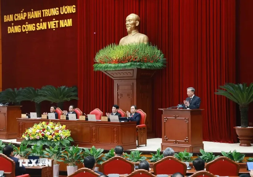 Tổng Bí thư Tô Lâm phát biểu khai mạc Hội nghị lần thứ 11 Ban Chấp hành Trung ương Đảng khóa XIII. Ảnh: TTXVN