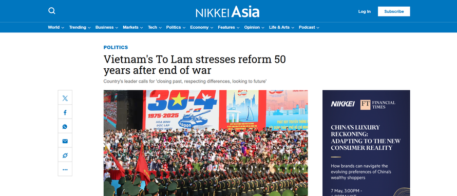 Báo Nikkei Asia của Nhật Bản đưa tin về niềm tự hào của người dân Việt Nam trong Lễ kỷ niệm 50 năm thống nhất đất nước ngày 30/4. 