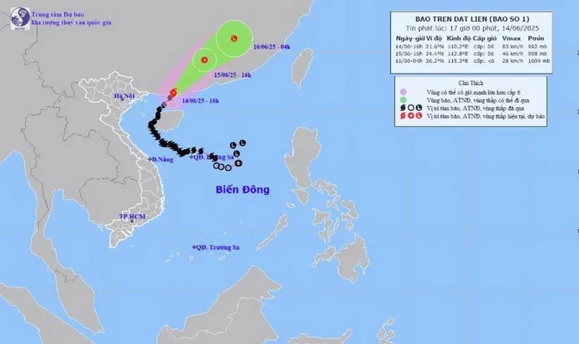 Hướng di chuyển của bão số 1 lúc 16h ngày 14/6/2025. Nguồn: Trung tâm Dự báo Khí tượng Thủy văn Quốc gia