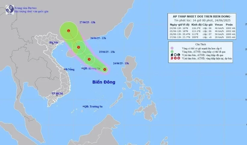Hướng di chuyển của áp thấp nhiệt đới chiều 24/6. 
