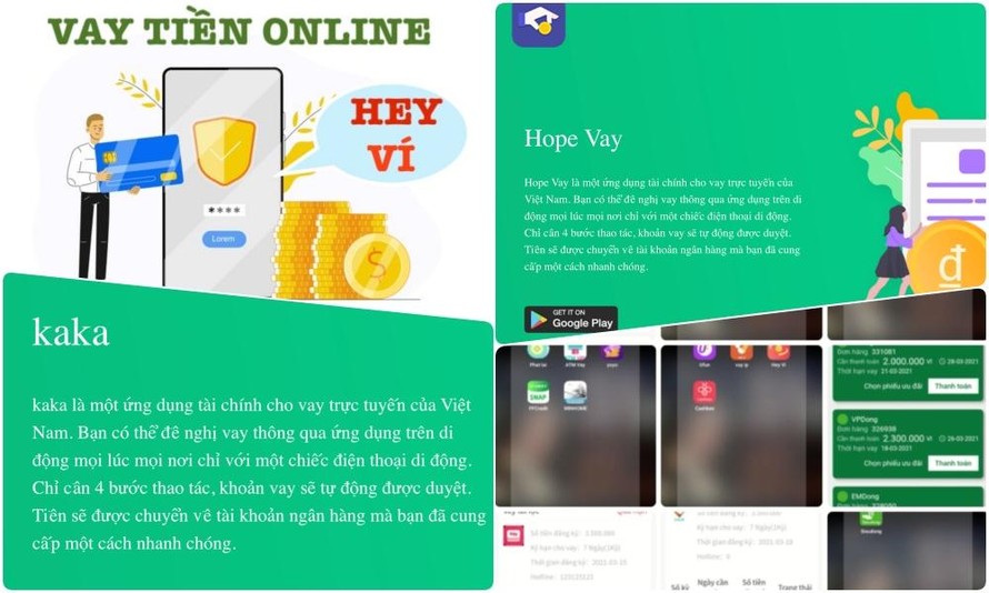 Chị Oanh đăng ký vay tiền thông qua 5 App có tên: hopevay, vaytinhanh, vitienloi, heyvi và kaka.