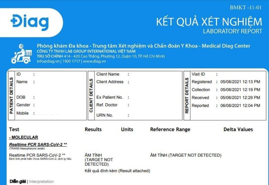 Mẫu giấy PCR của Diag. 