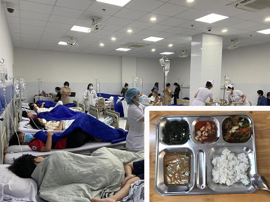 Các học sinh iSchool đang điều trị do ngộ độc và một trong những suất ăn tại iSchool (Ảnh do bạn độc cung cấp). 