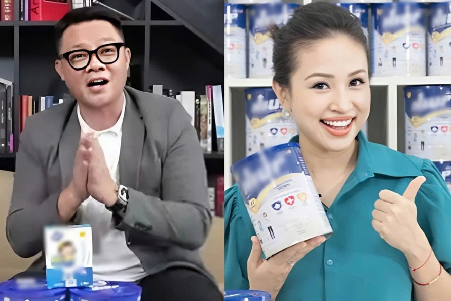 Biên tập viên Quang Minh và Vân Hugo trong clip quảng cáo sữa giả