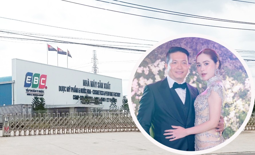 Đoàn Di Băng cùng chồng Nguyễn Quốc Vũ (ảnh nhỏ) và Nhà máy sản xuất E.B.C (tại Khu công nghiệp Giang Điền, Đồng Nai). 