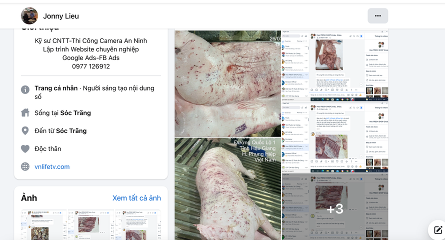 Ảnh chụp màn hình bài đăng của Jonny Lieu tố CP Việt Nam trộn heo bệnh, gà bệnh.