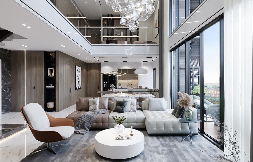 Căn Duplex “lên sóng” livestream số 2 là một trong những căn hộ đẹp nhất dự án, với 3 phòng ngủ, diện tích sử dụng hơn 155m2, thiết kế thông tầng đẳng cấp, trần cao và tầm view panorama đắt giá như một biệt thự trên không. Với nội thất hoàn thiện liền tường cao cấp, khách hàng có thể vào ở hoặc cho thuê ngay - một lợi thế vượt trội so với các dự án đang mở bán khác vẫn trong quá trình thi công.