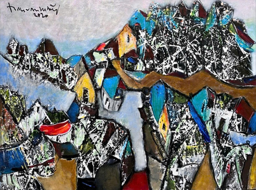 Tác phẩm "Phố ven đồi" trong triển lãm 'Vọng" của họa sĩ Trần Văn Mãng 