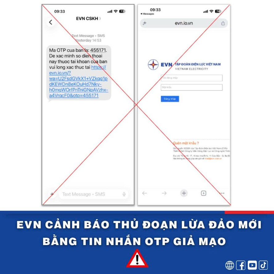 EVN cảnh báo thủ đoạn lừa đảo mới bằng tin nhắn OTP giả mạo