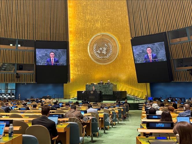 Đại sứ Đặng Hoàng Giang, Trưởng Phái đoàn thường trực Việt Nam tại LHQ phát biểu tại phiên thảo luận. Ảnh: Quang Huy/TTXVN.