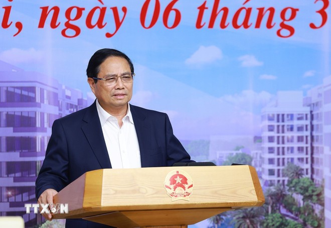 Thủ tướng Phạm Minh Chính chủ trì hội nghị thúc đẩy phát triển nhà ở xã hội. Ảnh: Dương Giang/TTXVN