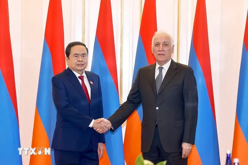 Chủ tịch Quốc hội Trần Thanh Mẫn hội kiến Tổng thống Armenia Vahagn Khachaturyan. Ảnh: Doãn Tấn/TTXVN.