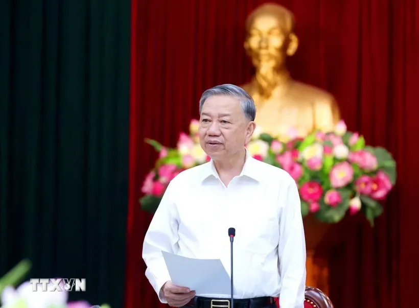 Tổng Bí thư Tô Lâm phát biểu chỉ đạo buổi làm việc. Ảnh: Phương Hoa/TTXVN.