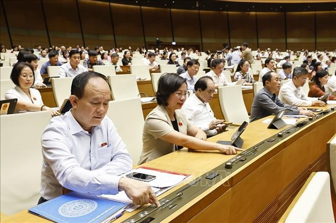 Đoàn đại biểu Quốc hội TP. Hà Nội biểu quyết thông qua Nghị quyết của Quốc hội về việc sắp xếp đơn vị hành chính cấp tỉnh năm 2025. Ảnh: Doãn Tấn/TTXVN.