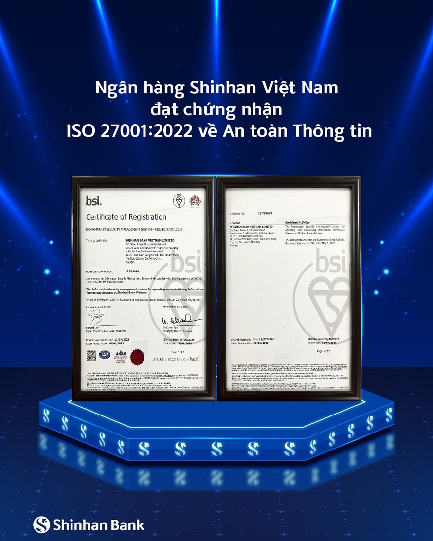 Ngân hàng Shinhan Việt Nam nhận chứng nhận ISO 27001: 2022 về an toàn thông tin
